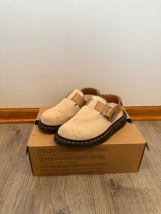 Dr. Martens Shoes - Dr. Martens Beige Suede Clog with Tan Buckle and Black Sole